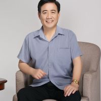 爸爸中老年男士冰丝短袖衬衫夏季男装休闲半袖宽松男装长袖衬衫 浅灰色 39/120以内