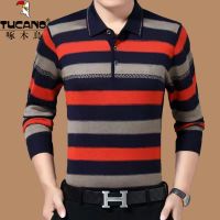 啄木鸟男士长袖t恤中年翻领条纹polo打底衫宽松大码爸爸男装春 1618-橘色1 185/100A [180-200斤]