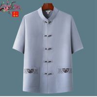 唐装男中老年汉服中国风短袖休闲套装单件爷爷半袖复古男装爸爸装 灰色金丝扣单件 44/190建议190-205斤