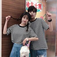 情侣装夏装2021新款韩版宽松圆领短袖t恤女港风黑白条纹上衣学生 黑色男 M