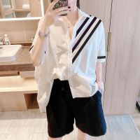 欧洲站黑白撞色条纹白色衬衫女名牌法式上衣2021新款短袖减龄衬衣 白色 S