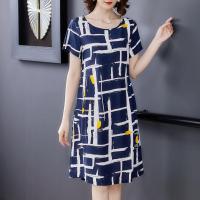 棉绸连衣裙女夏新款洋气大码宽松显瘦时尚抽褶收腰短袖中长款裙子 6501蓝色 M 建议100斤以内