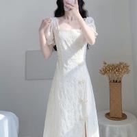 裙子女夏新款显瘦气质茶歇法式复古温柔风仙女蕾丝改良旗袍连衣裙 米白色 S