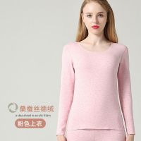 桑蚕丝加绒德绒无痕发热保暖内衣女套装紧身内穿秋衣秋裤单件上衣 DR粉红色(单件上衣)-yyds M (100斤以下)