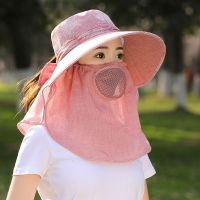 顶瓜瓜帽子女夏季遮脸太阳帽大沿户外韩潮凉帽采茶帽骑车行遮阳帽 粉色 均码帽子面罩二件套