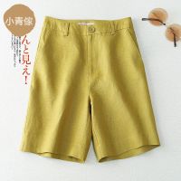 棉麻短裤女夏季新款高腰休闲阔腿裤女亚麻中裤百搭直筒五分裤子女 黄色 S (建议95斤以下)