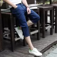 弹力牛仔短裤男2021年夏季男士宽松直筒七分裤薄款潮流7分中裤子 七分裤101纯蓝[新品] M 建议[95-110斤]