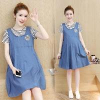 孕妇装夏装孕妇连衣裙短袖韩版中长款牛仔裙假两件套上衣裙衬衣裙 图片色 M