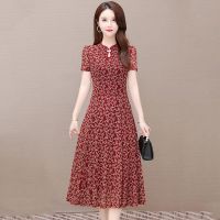 碎花连衣裙2021夏新款改良旗袍裙中年妈妈遮肚子显瘦中长款A字裙 红色 L