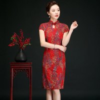 旗袍复古改良版妈妈夏装连衣裙子短袖2020新款春装大码中老年女装 红色小碎花 XL