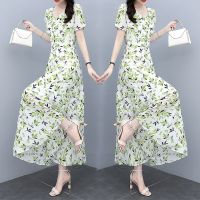 高档雪纺碎花连衣裙女夏长款2021夏装新款大码宽松显瘦遮肚子长裙 清新绿 M 80-100斤