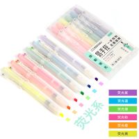 点石按动荧光笔套装 学生 标记可爱韩版 灰色柔和淡彩记号笔文具 荧光6色各1支[6支盒装]