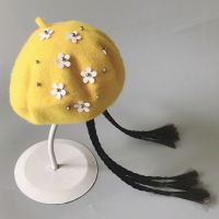 儿童贝雷帽女童羊毛呢假发帽八角画家帽子1-2秋冬宝宝长发蓓蕾帽3 黄色花朵细辫 参考年龄1-4岁(48-51cm)