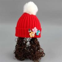 宝宝秋冬新品假发帽子儿童冬季小辫帽子0女孩春秋长毛线帽1-2-3岁 红色毛线帽子三朵小花 1-3岁