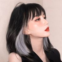 假发女短发Lisa同款挂耳染漫画刘海挑染短直发少女自然锁骨全头套 黑灰色送发网-35CM 假发