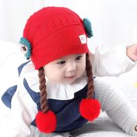 冬季新款宝宝假发辫子女童婴儿0-6-12-18月毛线帽秋加厚保暖棉布 大红长辫毛球 0-3个月(38-40)cm