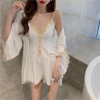 2021款可外穿性感家居服套装女复古蕾丝吊带睡裙+开衫外披蕾丝边 白色吊带 S 80-90