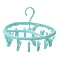 茶花家用多功能晾衣架多夹子塑料晾袜子神器晒衣夹晾衣服带夹子 [巧合圆形晒架18+3]湖水绿