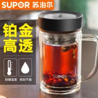 苏泊尔隔热双层玻璃杯子男女水杯男士商务玻璃杯花茶情侣杯泡茶杯 410ml黑色