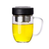 卡西菲玻璃杯双层高档商务便携防摔家用男女士手提水杯泡花茶杯子 带把手单层黑色360ml