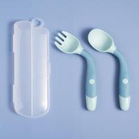 宝宝学吃饭训练勺子叉子可弯曲婴儿弯头叉勺练习筷子儿童餐具套装 云雾蓝叉勺组合