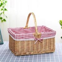 藤编收纳筐手提户外野餐篮收纳篮带盖收纳篮水果篮柳编菜篮保洁篮 无盖原色方形红色布 大号