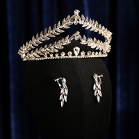 韩式公主奢华婚纱皇冠镶钻闪耀气质婚礼头饰叶型水钻复古结婚王冠 银色皇冠+耳夹