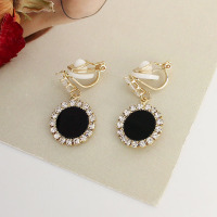 几何黑色圆形耳钉韩国个性镶钻耳环闪耀百搭简约无耳洞耳夹耳饰女 无耳洞软垫夹。一对