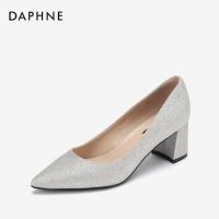 Daphne/达芙妮春新款时尚气质通勤职场闪耀防磨粗跟高跟鞋单鞋女 银色180 35