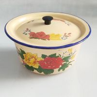 带盖珐琅搪瓷盆老式洗手碗蔬菜盆传统猪油碗怀旧加厚加深汤锅 14cm浅黄普通盖盆随机花