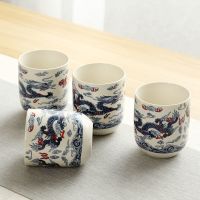 大号提梁壶茶具套装中老式陶瓷家用青花瓷泡茶壶茶杯托盘整套批发 (双龙戏珠)四茶杯