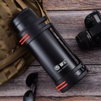 保温杯男大容量保温水壶热水瓶户外便携车载不锈钢水杯旅行壶大号 黑色1200ml送背带+杯刷+小碗