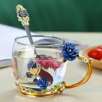 珐琅彩水杯套装带盖勺结婚杯子水晶耐热玻璃咖啡杯家用女花茶茶杯 蓝玫瑰透明杯矮款+珐琅勺 简装