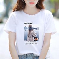 白色t恤女短袖精梳95棉宽松简约百搭半袖女上衣休闲2021春夏新款 白.湖边背影 S 80-95斤