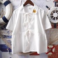 日系学院风短袖小清新系带小雏菊刺绣花朵娃娃领宽松衬衣娃娃衫女 白色 [不会透+防走光别针] S 建议85斤以下