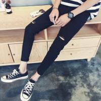 港风男士牛仔裤韩版潮流帅气破洞裤春夏季毛边九分裤修身百搭裤子 黑一字破 S