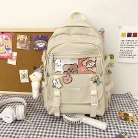 书包女ins森系百搭大容量高中生初中生高颜值可爱大学生双肩背包 米白色(3徽章+腮红熊挂件)