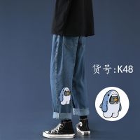 直筒宽松牛仔裤男学生ins潮情侣休闲裤大码浅色夏季薄款九分裤子 K48 深蓝 S 码[建议80-95斤]