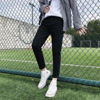 夏季松紧腰牛仔裤男宽松直筒九分裤港风潮牌百搭学生印花休闲裤子 纯黑 S