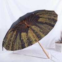 中国风雨伞直杆长柄女简约森系防雨男用实木复古16骨古风竹伞汉服 黑色竹伞,抗风伞架