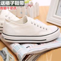 低帮帆布鞋小白鞋女鞋2021春夏学生韩版百搭平底男女板鞋网面透气 白3 纯色白D送格子带 35