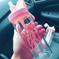 大容量玻璃杯水杯女吸管杯女学生家用可爱卡通成人背带儿童茶杯 零食豹500ML[送吸管杯套]