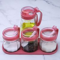 厨房玻璃调料盒油壶调味罐佐料瓶酱油瓶醋瓶盐罐糖罐厨房收纳套装 红色 1油壶+1调味罐+底座+刷子+勺子