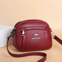 袋鼠真皮质感包包女时尚百搭多层单肩斜挎包大容量休闲女包妈妈包 红色