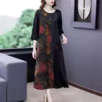 杭州2021真丝香云纱连衣裙拼接醋酸新款时尚复古宽松显瘦过膝裙子 图片色 M