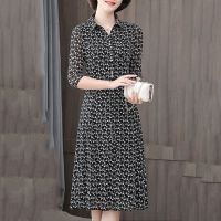 连衣裙女中长款2021夏季新款洋气中老年妈妈显瘦高档碎花过膝裙子 黑色 七分袖 M