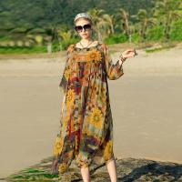 反季大码真丝桑蚕丝印花连衣裙女夏季2021年新款宽松中长款沙滩裙 黄色 M