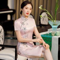 160斤日常旗袍双层丝绸 中长款短袖复古优雅大码修身到膝盖连衣裙 粉红色 [正品] M [85-100斤]