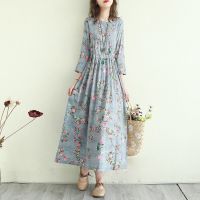 复古文艺碎花连衣裙女2021夏季大码宽松显瘦系带收腰气质长裙子 灰蓝色(七分袖) M [90-115斤]