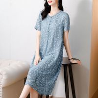 真丝连衣裙2021年夏季新款女装高端大牌绣花桑蚕丝减龄显瘦A字裙 亮钢蓝 M 建议80-100斤